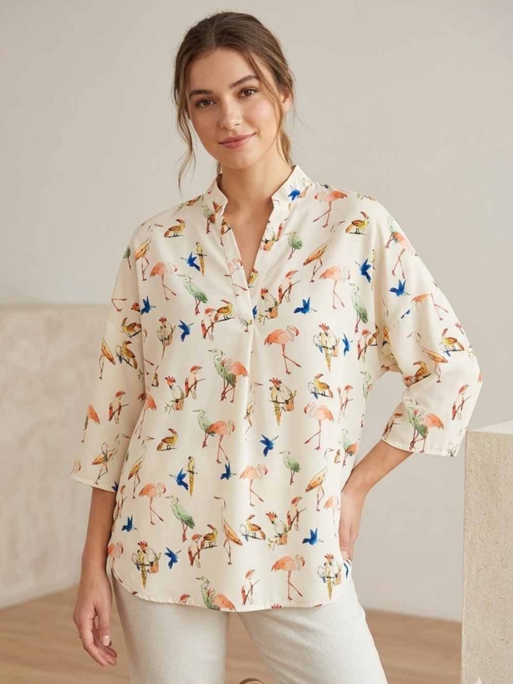 Women Blouse - White Bird Print Relaxed Size M